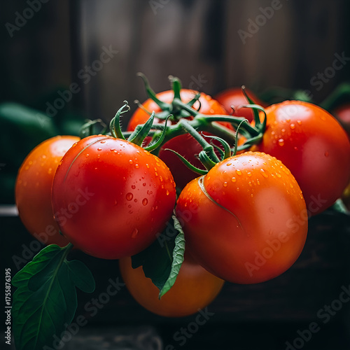 Close Up of Fresh Red Tomatoes with Water Droplets on Wooden Background Rich in Vitamin and Healthy Food