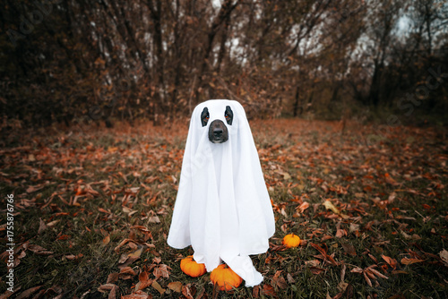 A dog dressed as a ghost in a gloomy autumn forest with pumpkins