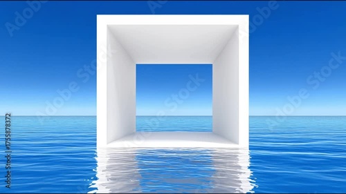 Minimalist White Cube Floating on Calm Blue Sea Modern Surreal Ocean Horizon Scene