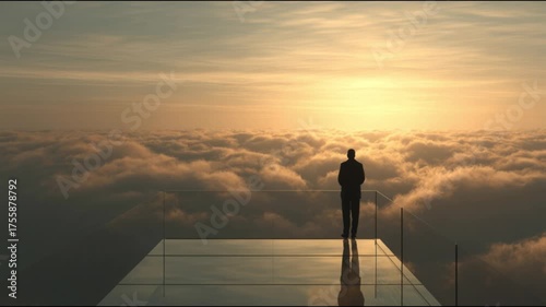 Man Standing Above Clouds Watching Sunrise Minimalist Cinematic Concept in 4K