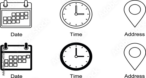 Vector icon collection for contact details, including calendar, clock, and location pin symbols in a minimalist line art style