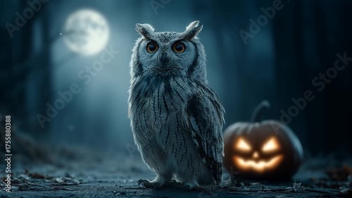 Owl near a carved glowing jack-o'-lantern with full moon behind. Halloween