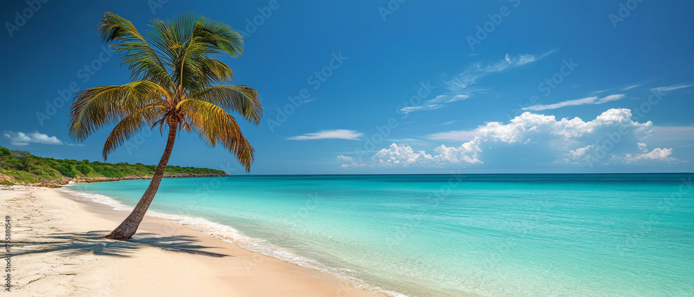 Obraz premium An idyllic beach with a lone palm tree and turquoise water, the perfect place to relax and dream. Suitable for travel brochures, travel magazines and resort advertisements.