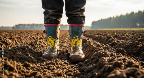 Child's muddy colorful rain boots standing in freshly plowed field on a bright sunny day