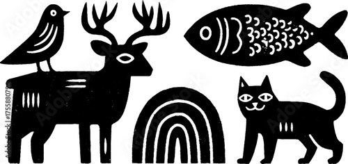 Abstract animal set featuring bird on deer, fish, and cat in geometric shapes for creative designs