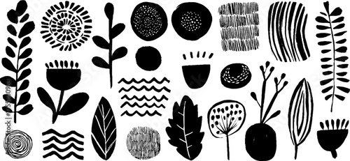 Abstract garden elements with leaves, branches, flowers, and waves for creative designs