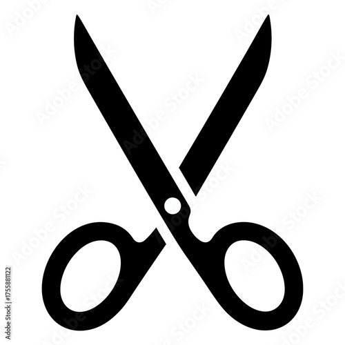 Open barber scissors silhouette with crossed blades and round handles, black icon