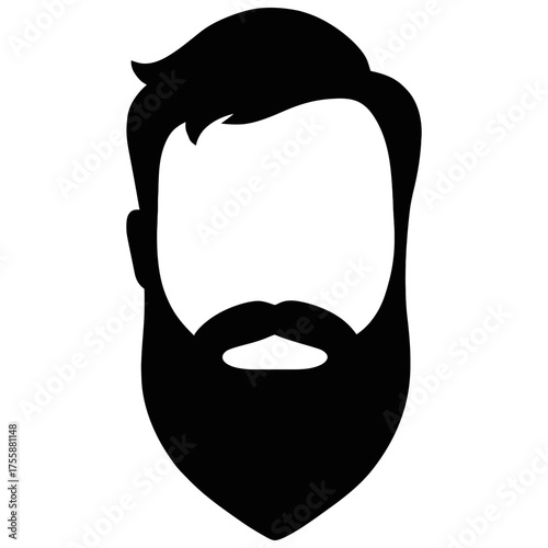 Male front silhouette, tousled side-part hair, long tapered beard, thick mustache