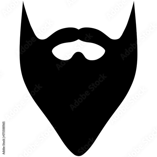 Pointed long full beard with sideburns, thick parted mustache, oval mouth