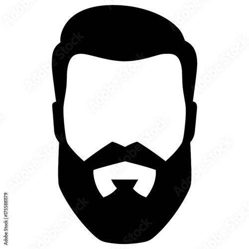 Male front view with side-part slick-back, short boxed beard, chevron mustache