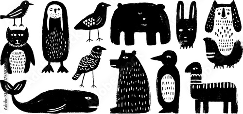 Arctic animals silhouette collection for design: penguins, walrus, polar bear, seal, whale