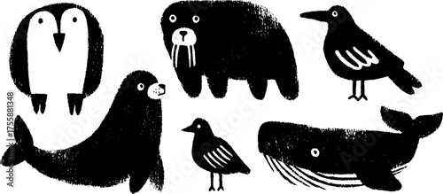 Arctic wildlife collection featuring penguin, walrus, polar bear, seal, whale - scandinavian design for posters and prints