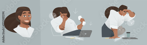 Vector illustration of a strong black businessman in two emotional situations — frustration after failure and focused research with his cat. The cartoon picture showing expressive office moments.
