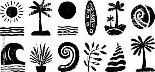 Coastal elements collection: sun, palm trees, shells, and waves for creative design