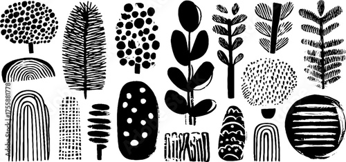 Hand-drawn botanical corner elements with branches, leaves, and lines for artistic design