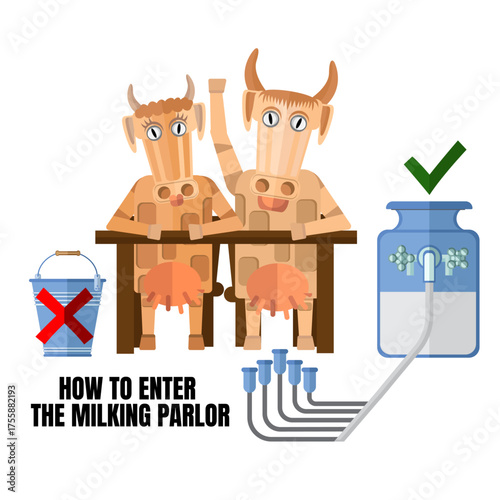 How to Enter the Milking Parlor – Funny Flat Vector Illustration of Cows in Milking Parlor with Milking Equipment