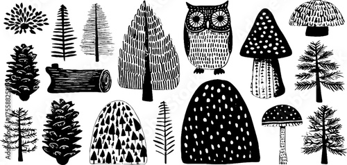 Woodland creatures and elements in linocut design for nature-inspired creations