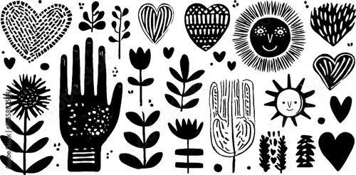 Friendship day hand and heart silhouettes with flowers and sun design for celebration art