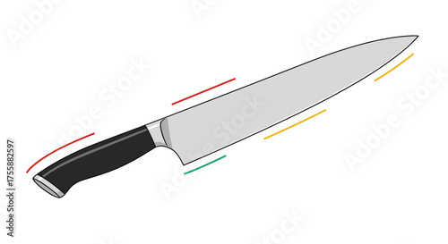 An illustration of a sharp chef's knife with colored lines indicating its cutting edge.