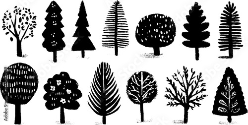 Folk inspired fruit trees collection in linocut style for nature designs