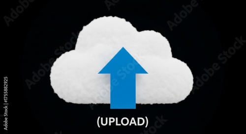 Cloud with upward arrow and the word upload, symbolizing data transfer and online storage for digital content