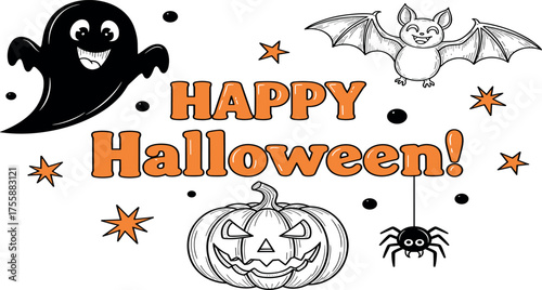 Cheerful Halloween graphic featuring a friendly ghost, a soaring bat, and a grinning jack-o'-lantern amidst festive stars, ideal for autumn holiday greetings and party invitations