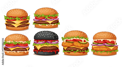 A collection of delicious and diverse gourmet burgers with fresh ingredients.