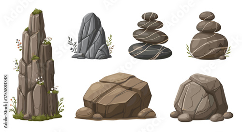 A collection of various types of natural rocks and stones in different formations and sizes.