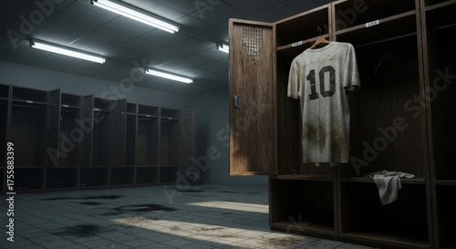 Dirty sports jersey number 10 hanging in an open wooden locker inside an old, dimly lit locker room