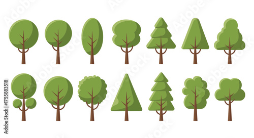 Various types of trees are represented in this flat style illustration, showcasing different shapes.