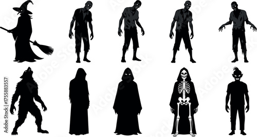 Spooky Silhouette Set Witch, Zombies, Werewolf, Grim Reaper, and Halloween Creatures