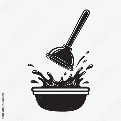 Vector art of a black plunger is held above a toilet bowl, creating a splash of dark water, silhouette art design