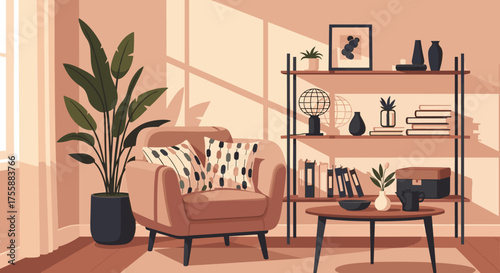 A cozy living room corner with a plush armchair and a modern shelving unit filled with books and decor items.