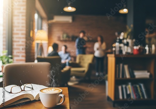 Coffee cup and book in a cozy cafe with people