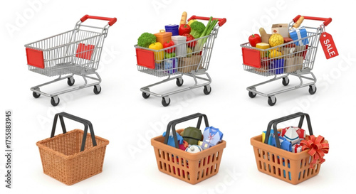 Collection of shopping carts and baskets with various products and sale tags concept of retail, consumerism, and promotion