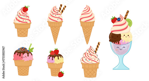 A collection of delicious looking cartoon ice cream cones and cups filled with various flavors and toppings for a sweet treat.