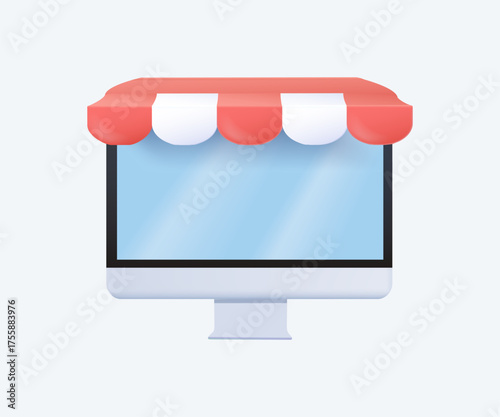 On line store. Sale, Laptop with awning. eCommerce marketing strategy, Online shopping from eCommerce website, Online secure payment. 3D render vector illustration