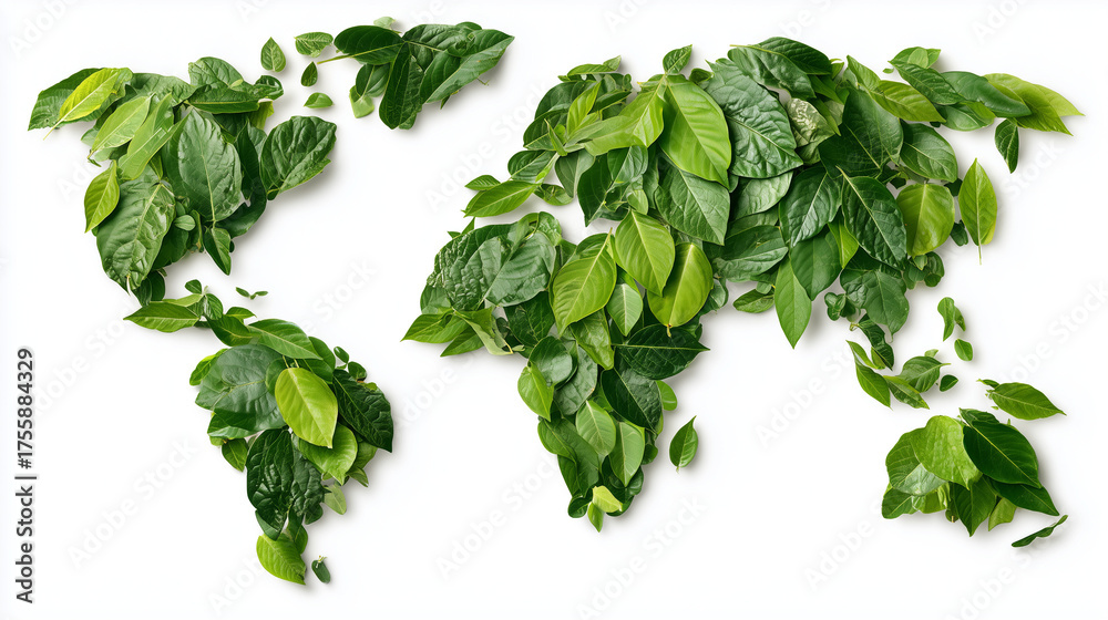 Naklejka premium World Maps Made of Green Leaves of various shades on a White Background