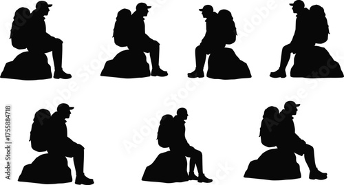 Black Silhouette Set of a Hiker with a Backpack Sitting on a Rock, Taking a Rest During a Trekking Journey, Showing Adventure, Travel, and Exhaustion

.