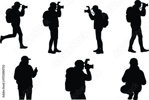 Black Silhouette Set of an Active Photographer or Videographer with Backpack and Camera, Capturing Images, Showing Travel, Journalism, and Professional Work

.