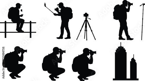 Black Silhouette Set of an Active Photographer or Videographer with Backpack and Camera, Capturing Images, Showing Travel, Journalism, and Professional Work

.