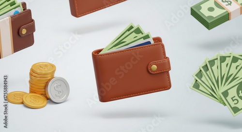 3d rendering of money and wallet floating in the air, concept of financial success and wealth accumulation