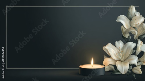 White lilies and candlelight on dark background, elegant luxury funeral and memorial banner symbolizing peace, remembrance, and condolence with soft lighting and copy space.