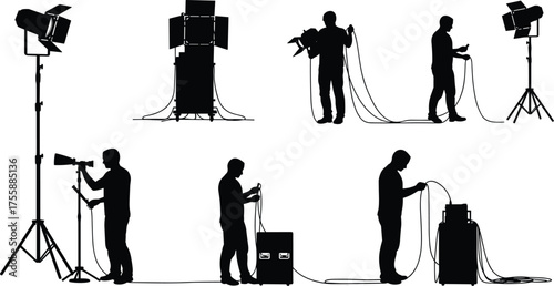 Black Silhouette Set of a Technician or Photographer Setting Up Studio Lighting and Tripods in Various Poses, Isolated on White, Production, Equipment

.