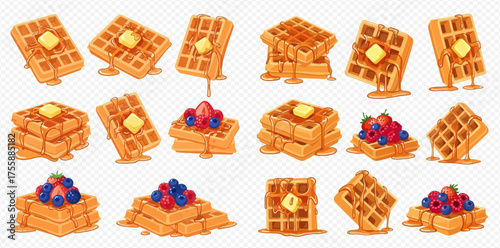 Illustration of waffles with butter, syrup, and berries on a transparent background.