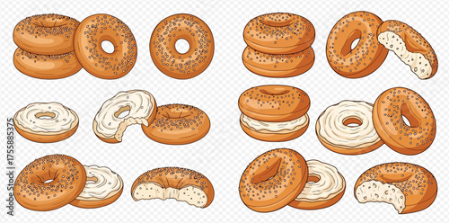A collection of bagels, some plain and some with cream cheese, on a transparent background.