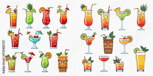 A collection of colorful and vibrant cocktail illustrations, each uniquely garnished and presented in various glass styles.