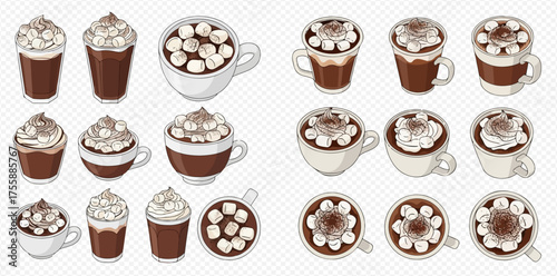 A collection of cartoon hot chocolate drinks with marshmallows and whipped cream.