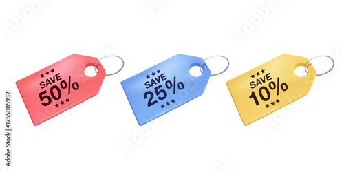 Discount and price tags, price before and after. Sale tag, price tag, label, banner 3D vector illustration, Special offer. Vector illustration. 3D label price tag, percent discount voucher collection