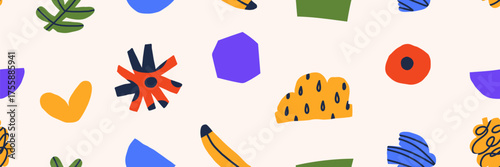 Shape and abstract element build a playful collage. Cutouts, doodles, paint and scribbles appear on a childish background. Illustration finishes with random detail.